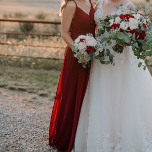 Azazie Blake A-Line Mesh Dress with Lace Detailing (Cabernet)